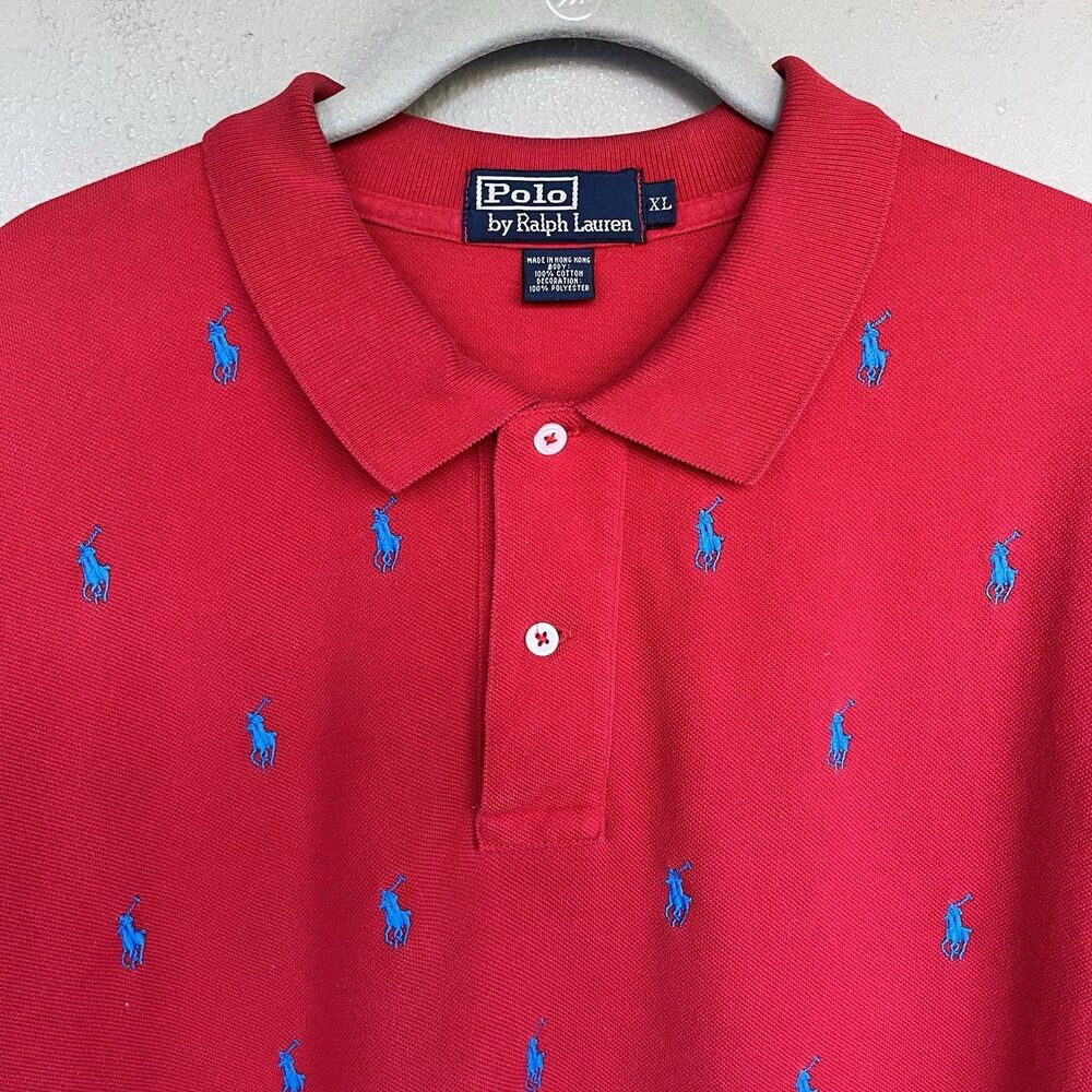 VTG 90s Polo Ralph Lauren Shirt Mens XL Red Blue All Over Embroidered Pony Logo